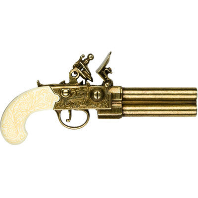 Replica Colonial Double Barrel Flintlock Gold & Ivory Finish Non-Firing Gun