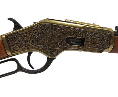 Old West M1873 Engraved Brass Trim Replica Lever Action Rifle Non-Firing Gun