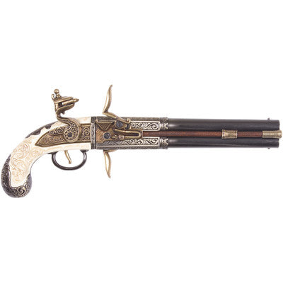 Replica Colonial Engraved Double Barrel Flintlock Non-Firing Gun