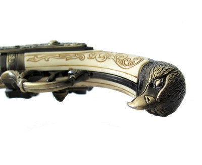 18TH CENTURY 3 BARREL FLINTLOCK PISTOL BRASS FINISH, MOCK IVORY GRIP