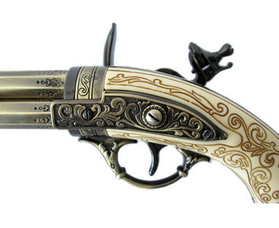 18TH CENTURY 3 BARREL FLINTLOCK PISTOL BRASS FINISH, MOCK IVORY GRIP