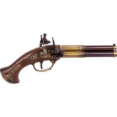 18TH CENTURY 3 BARREL FLINTLOCK PISTOL BRASS FINISH, WOOD GRIP