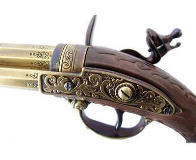 18TH CENTURY 3 BARREL FLINTLOCK PISTOL BRASS FINISH, WOOD GRIP