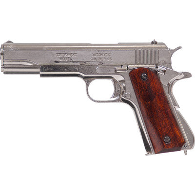 Replica M1911A1 Nickel Finish Wood Gripped Field Strippable Automatic Pistol Non-Firing Gun