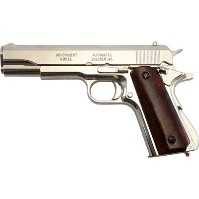 Replica M1911A1 Nickel Finish Wood Gripped Government Automatic Pistol Non-Firing Gun-22-6316