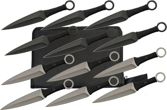 12 Piece 6” Black and Silver Throwing Kunai Set with Nylon Wrapped Handle and Case (211540)