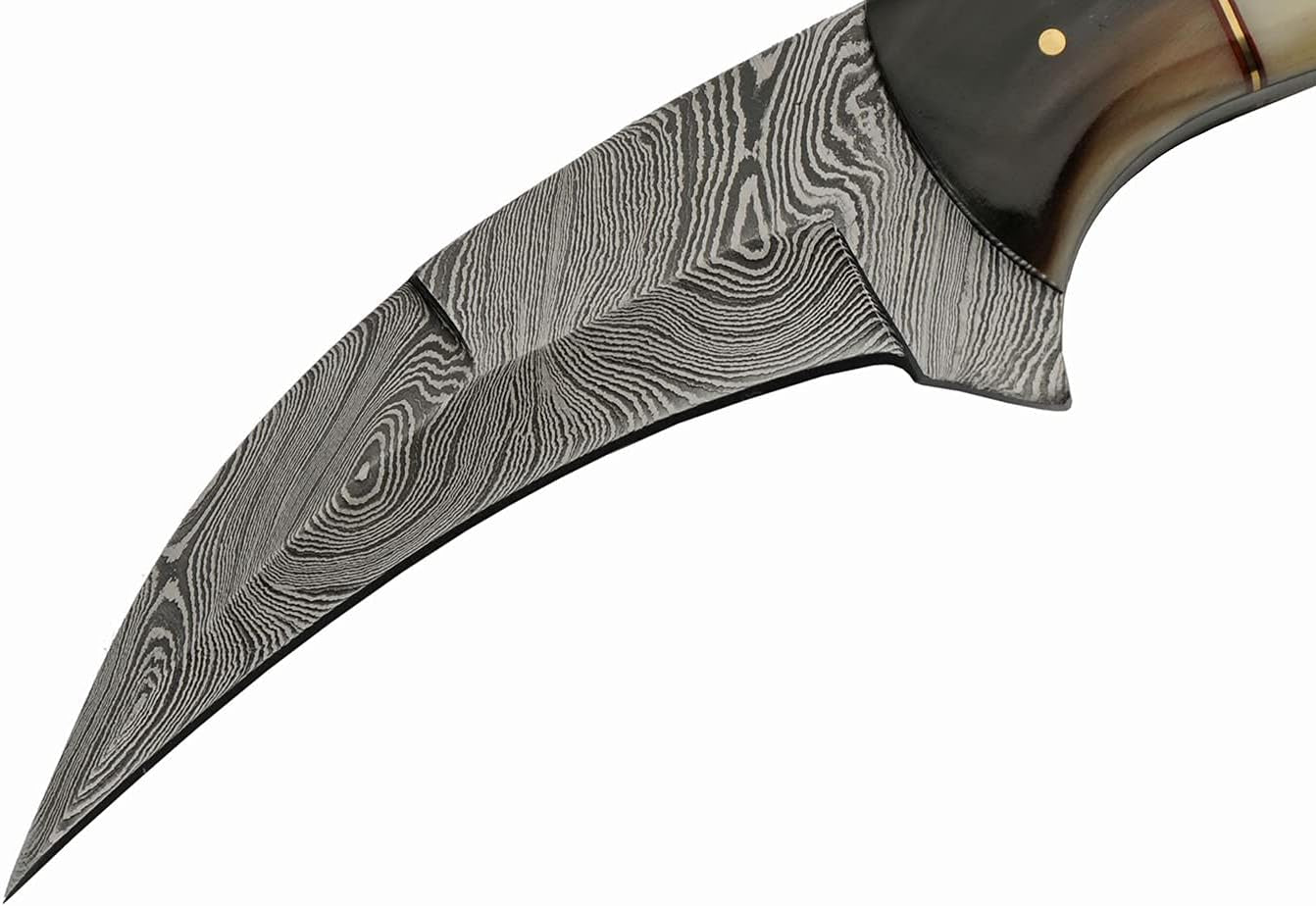 9” Full Tang Bone/Horn Handled Damascus Steel Karambit Knife with Sheath