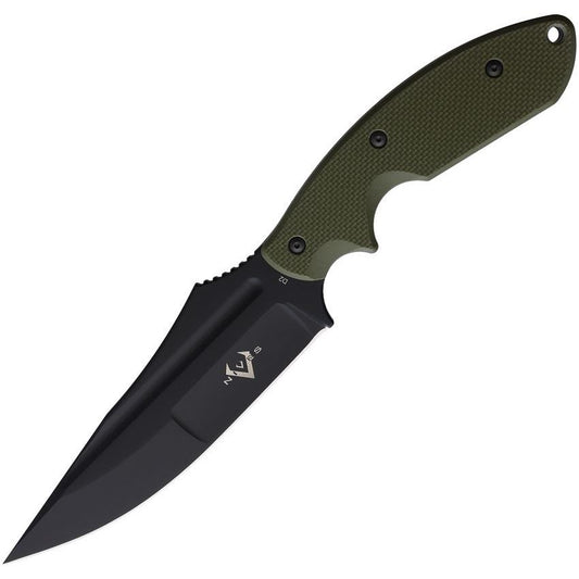 V NIVES 03091 Frontier Survivor Black Fixed Blade Knife OD Green Handles