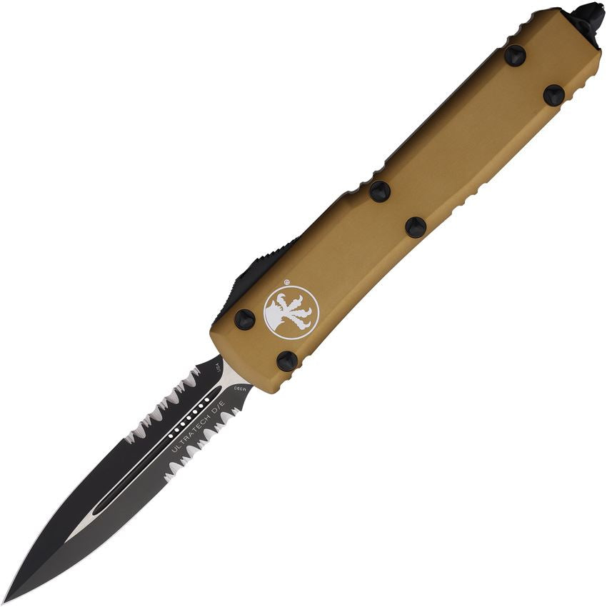 Microtech 1222TA Auto UTX-85 Two Tone Part Serrated Double Edge Dagger OTF Knife Tan Handles