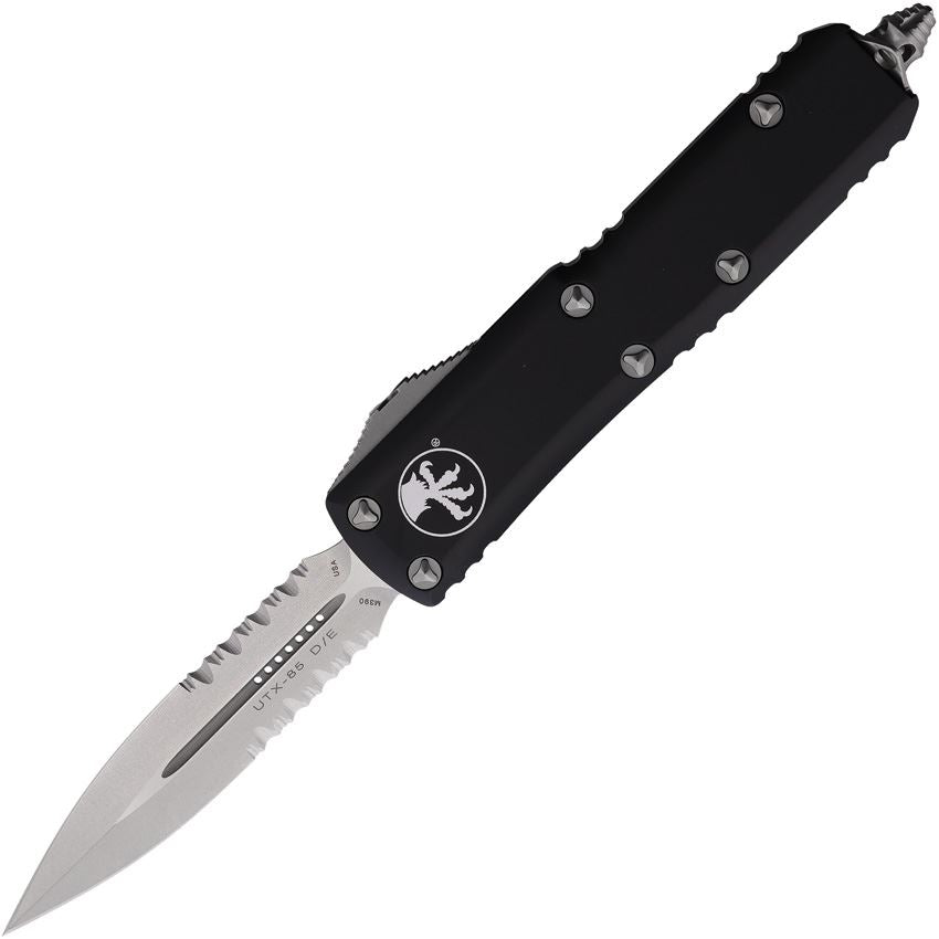 Microtech 23211 Auto UTX-85 Stonewashed Part Serrated Single Edge Dagger OTF Knife Black Handles