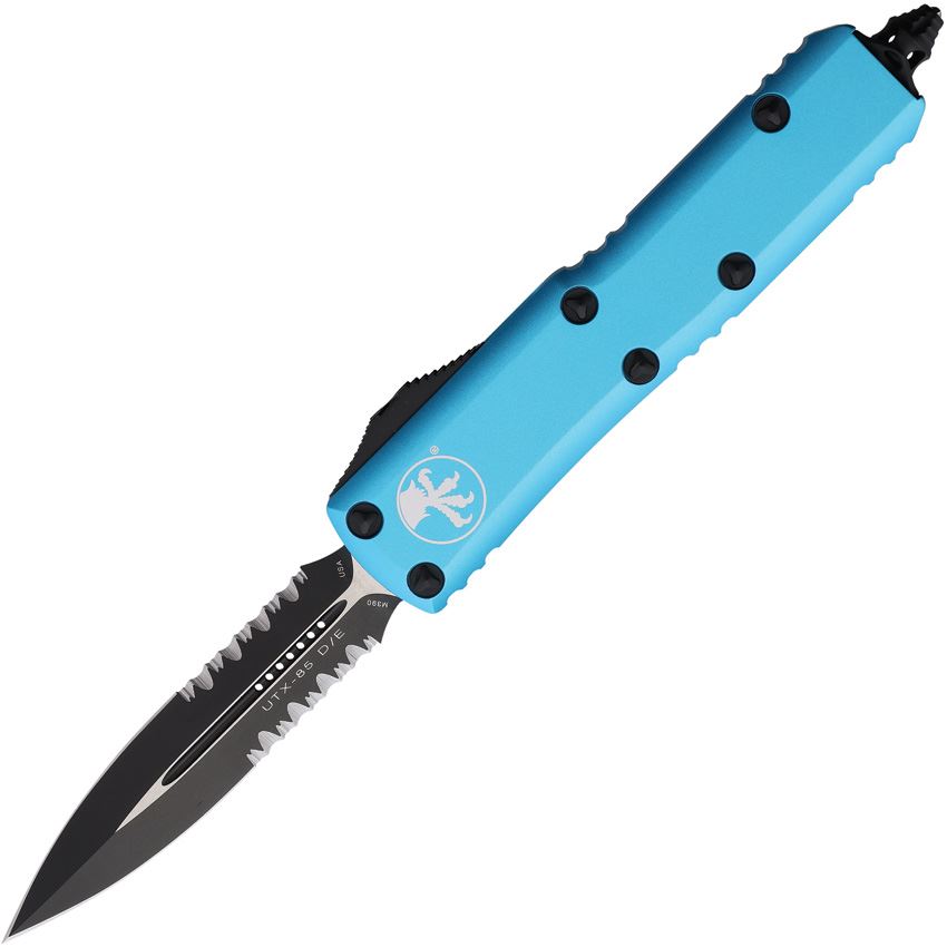 Microtech 2322TQ Auto UTX-85 Two Tone Part Serrated Double Edge Dagger OTF Knife Turquoise Handles