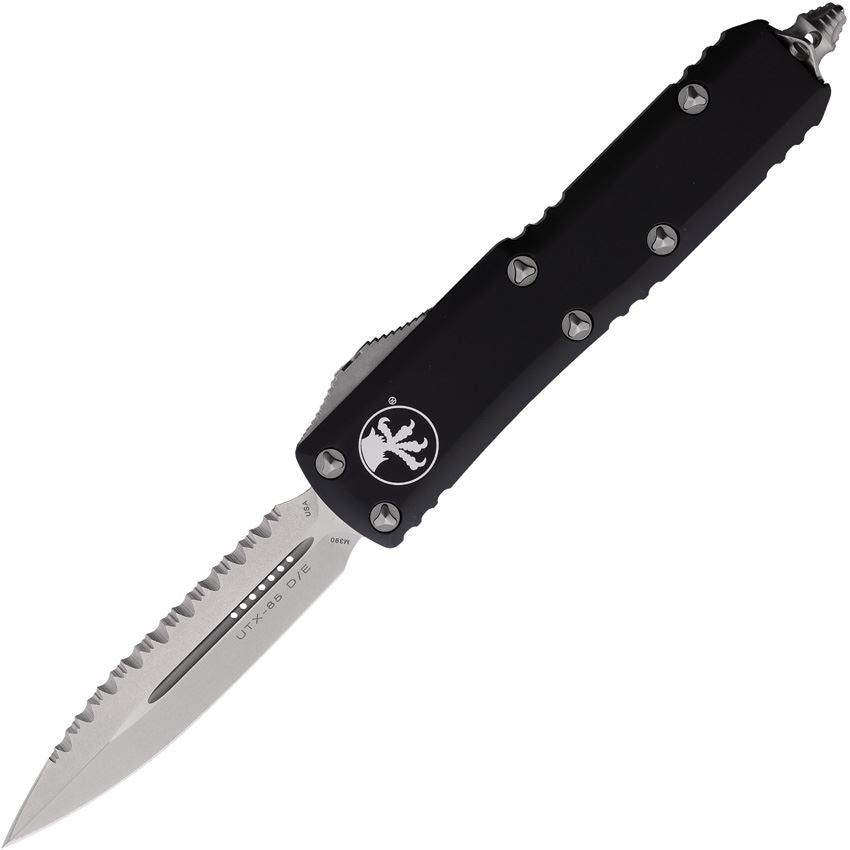 Microtech 23212 Auto UTX-85 Stonewashed Serrated Dagger Edge OTF Knife Black Handles