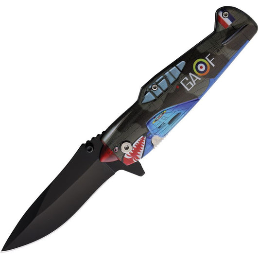 ElitEdge 10A85GY Fighter Plane Assist Open Black Linerlock Knife