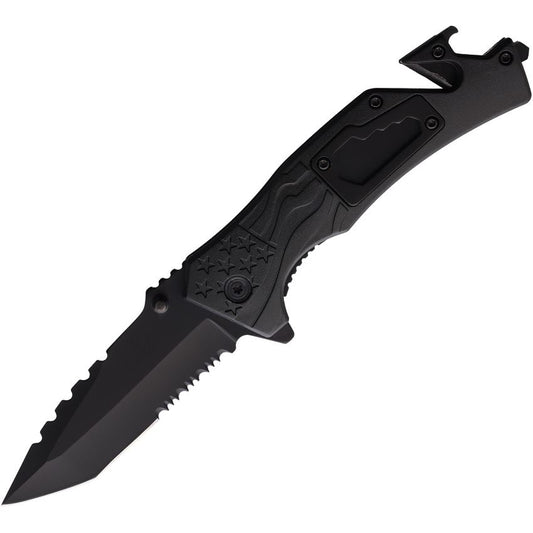 ElitEdge 10A48BK Rescue Assist Open Black Part Serrated Linerlock Knife Black Handles