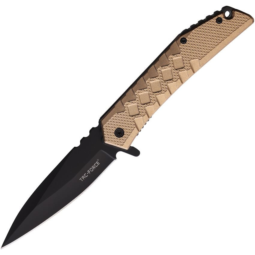 Tac Force 1050TN Assist Open Black Linerlock Knife Tan Handles