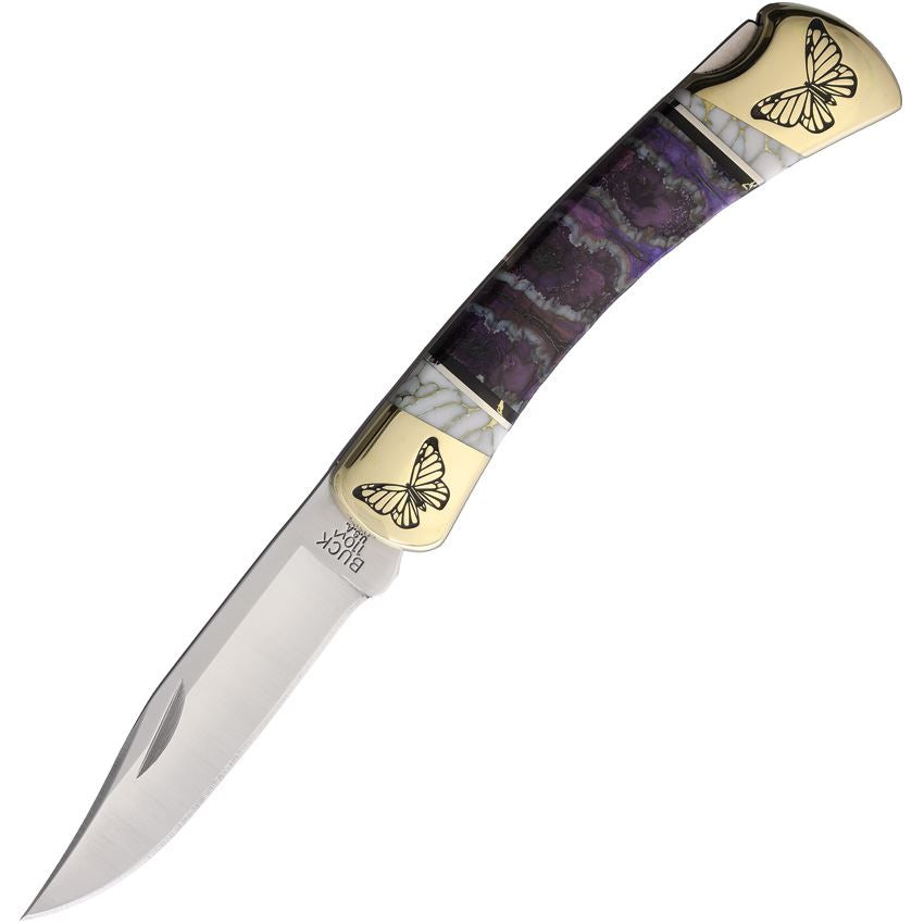 Yellowhorse 443 Custom Butterfly Buck 110 Lockback Knife Purple Mammoth Tooth Handles