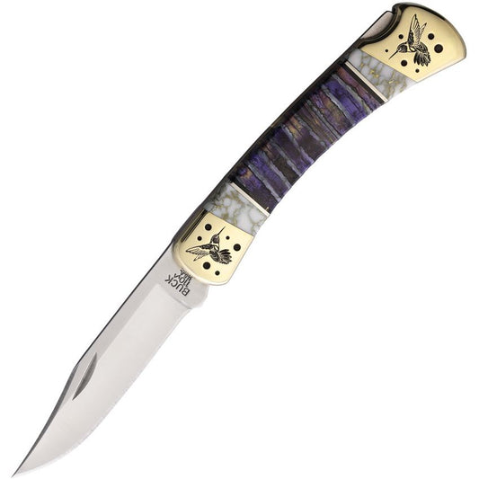 Yellowhorse 445 Custom Hummingbird Buck 110 Lockback Knife Purple Mammoth Tooth Handles