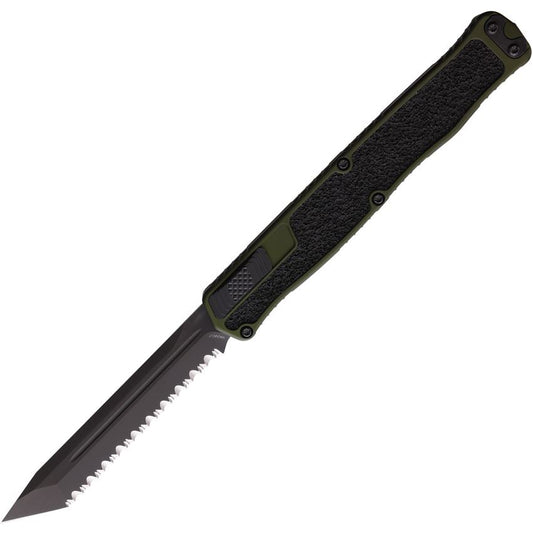 Heretic 0196CGRN Auto Cleric II Black Serrated Tanto OTF Knife OD Green/Black Handles