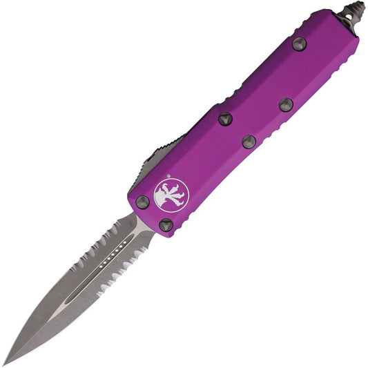 Microtech 23211APVI Auto UTX-85 Apocalyptic Part Serrated Double Edge Dagger OTF Knife Violet Handles