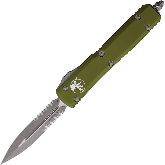 Microtech 12211APOD Auto Ultratech Apocalyptic Part Serrated Double Edge Dagger OTF Knife OD Green Handles