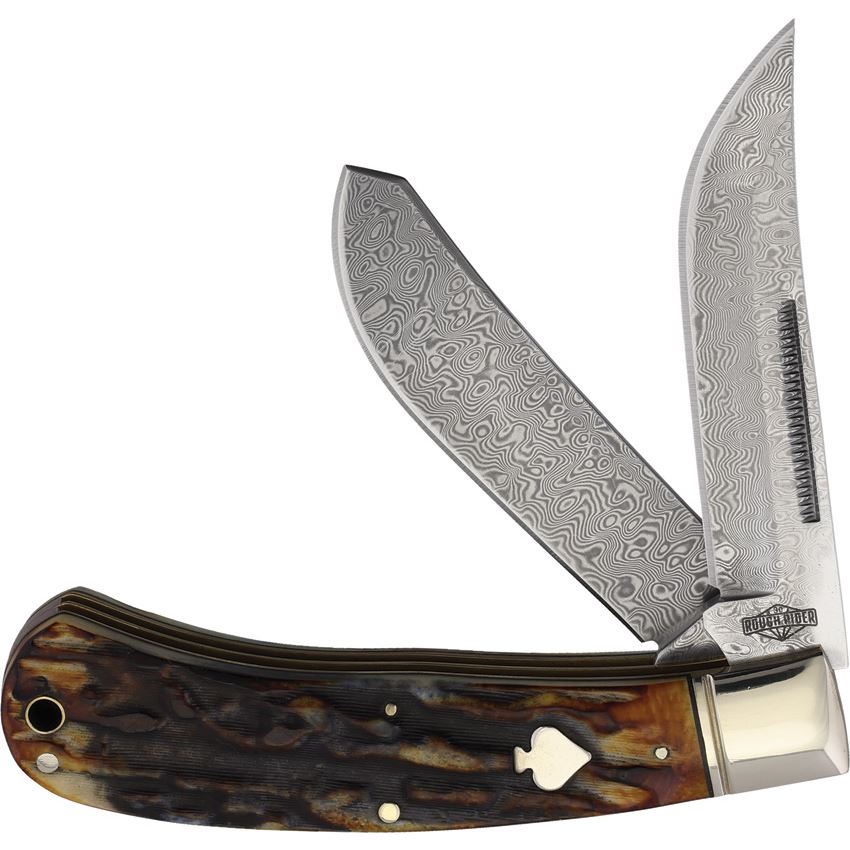 Rough Rider 2525 Damascus Upswept Trapper Knife Cinnamon Bone Handles