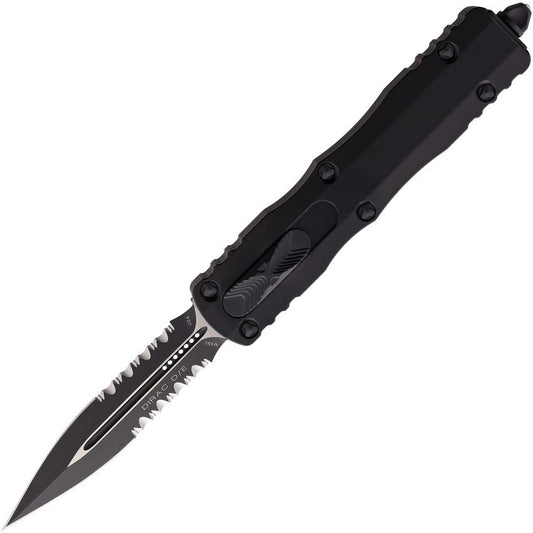 Microtech 2252T Auto Dirac Black Part Serrated Double Edge Dagger OTF Knife Black Handles