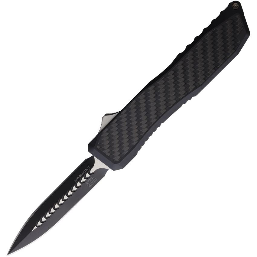 EOS 122 Auto Harpoon Two-Tone Double Edge Dagger OTF Knife Black/Carbon Fiber Handles