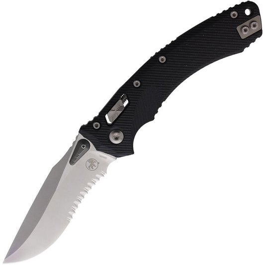 Microtech 16077 Amphibian Part Serrated Single Edge Stonewash Ram-Lock Knife Black G10 Handles