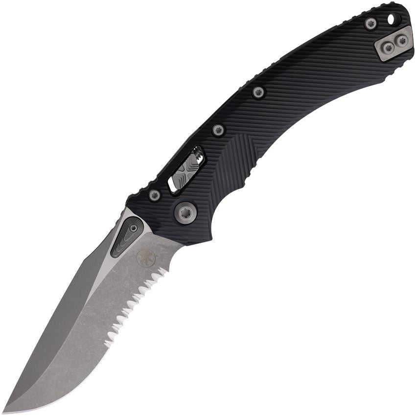 Microtech 16162 Amphibian Part Serrated Apocalyptic Single Edge Ram-Lok Knife Black Fluted Handles