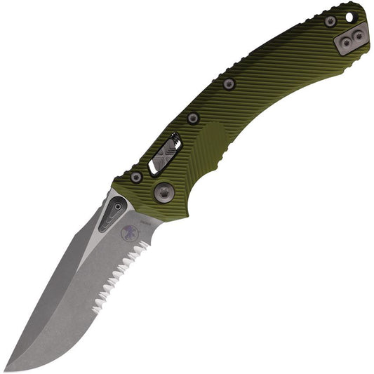 Microtech 16791 Amphibian Part Serrated Apocalyptic Single Edge Ram-Lok Knife OD Green G10 Handles