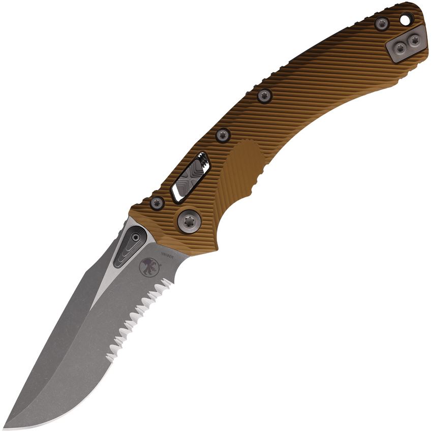 Microtech 16886 Amphibian Part Serrated Apocalyptic Single Edge Ram-Lok Knife Tan G10 Handles