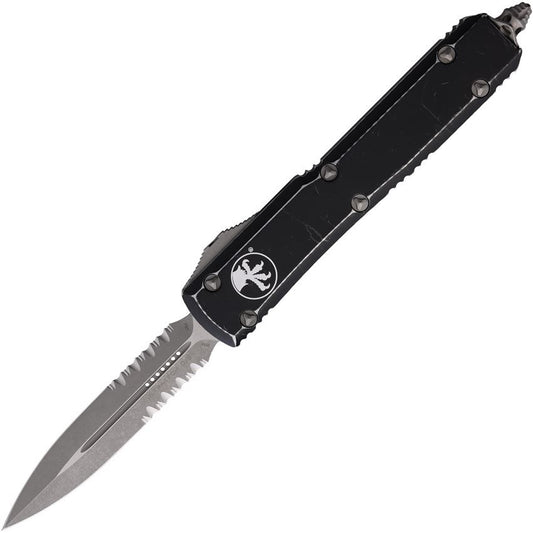 Microtech 12211DBK Auto Ultratech Part Serrated Apocalyptic Double Edge Dagger OTF Knife Distressed Black Handles