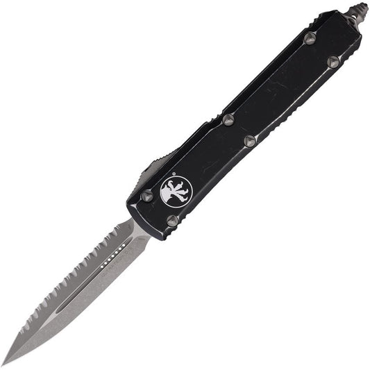 Microtech 12212DBK Auto Ultratech Serrated Apocalyptic Double Edge Dagger OTF Knife Distressed Black Handles