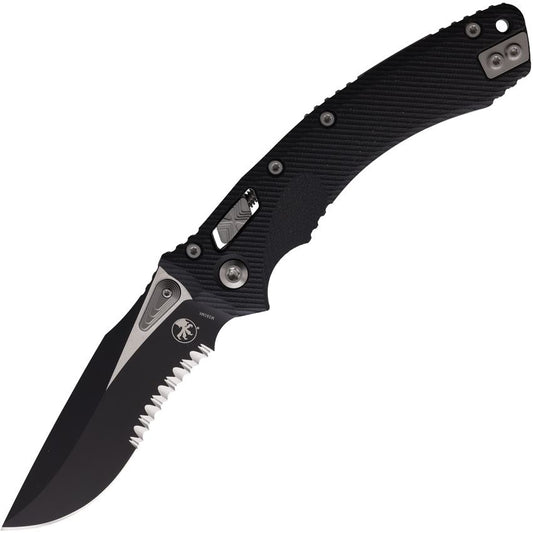 Microtech 16386 Amphibian Part Serrated Single Edge Two-Tone Ram-Lok Knife Black G10 Handles