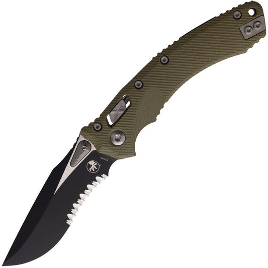 Microtech 16389 Amphibian Part Serrated Single Edge Two-Tone Ram-Lok Knife OD Green G10 Handles