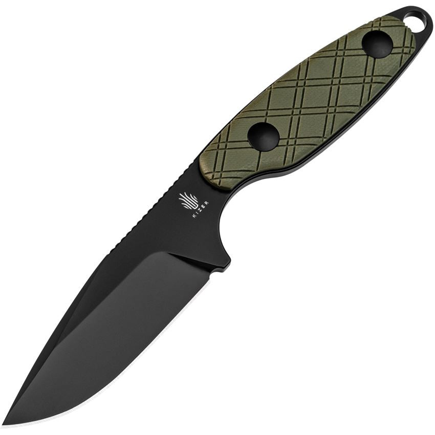 Kizer 1064A1 Muskrat Black D2 Fixed Blade Knife Green Handles