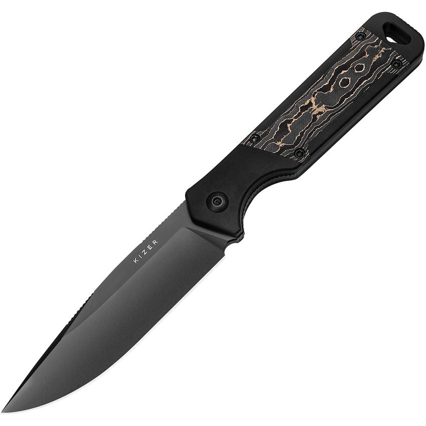 Kizer 1067A1 Militaw Black Stonewash Fixed Blade Knife Black/Gold Handles