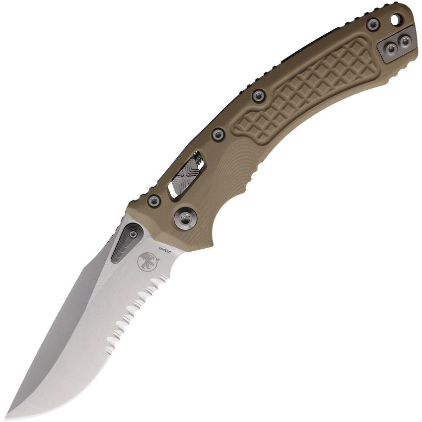 Microtech 16984 Amphibian Stonewash Part Serrated Single Edge Ram Lok Knife Tan Handles