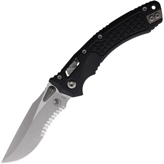 Microtech 16985 Amphibian Stonewash Part Serrated Single Edge Ram Lok Knife Black Handles