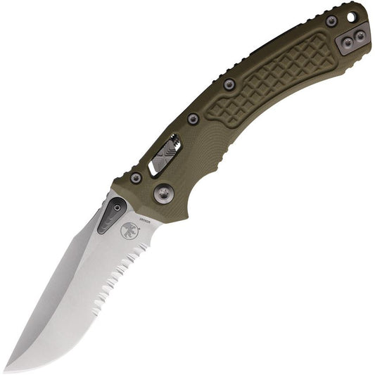 Microtech 16986 Amphibian Stonewash Part Serrated Single Edge Ram Lok Knife OD Green Frag Handles