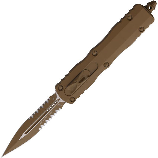 Microtech 2252CTA Auto Dirac Part Serrated Tan Double Edge Dagger OTF Knife Tan Handles