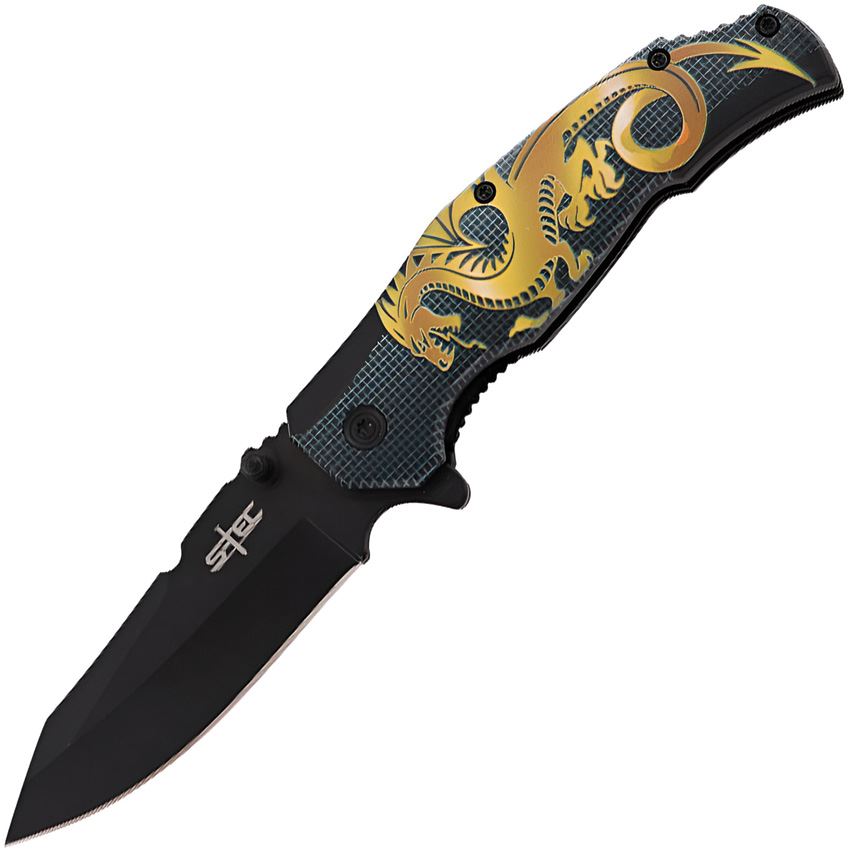 S-TEC 2712112 Dragon Assist Open Black Linerlock Knife Gold Handles