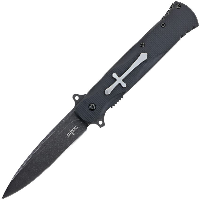 S-TEC S017 Cross Assist Open Black Stonewash Linerlock Knife Black Handles