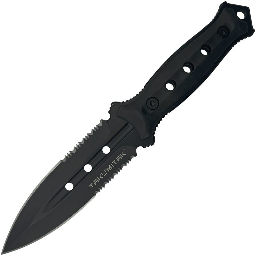 Takumitak 316 Unrestricted Black Part Serrated Dagger Fixed Blade Knife Black Handles