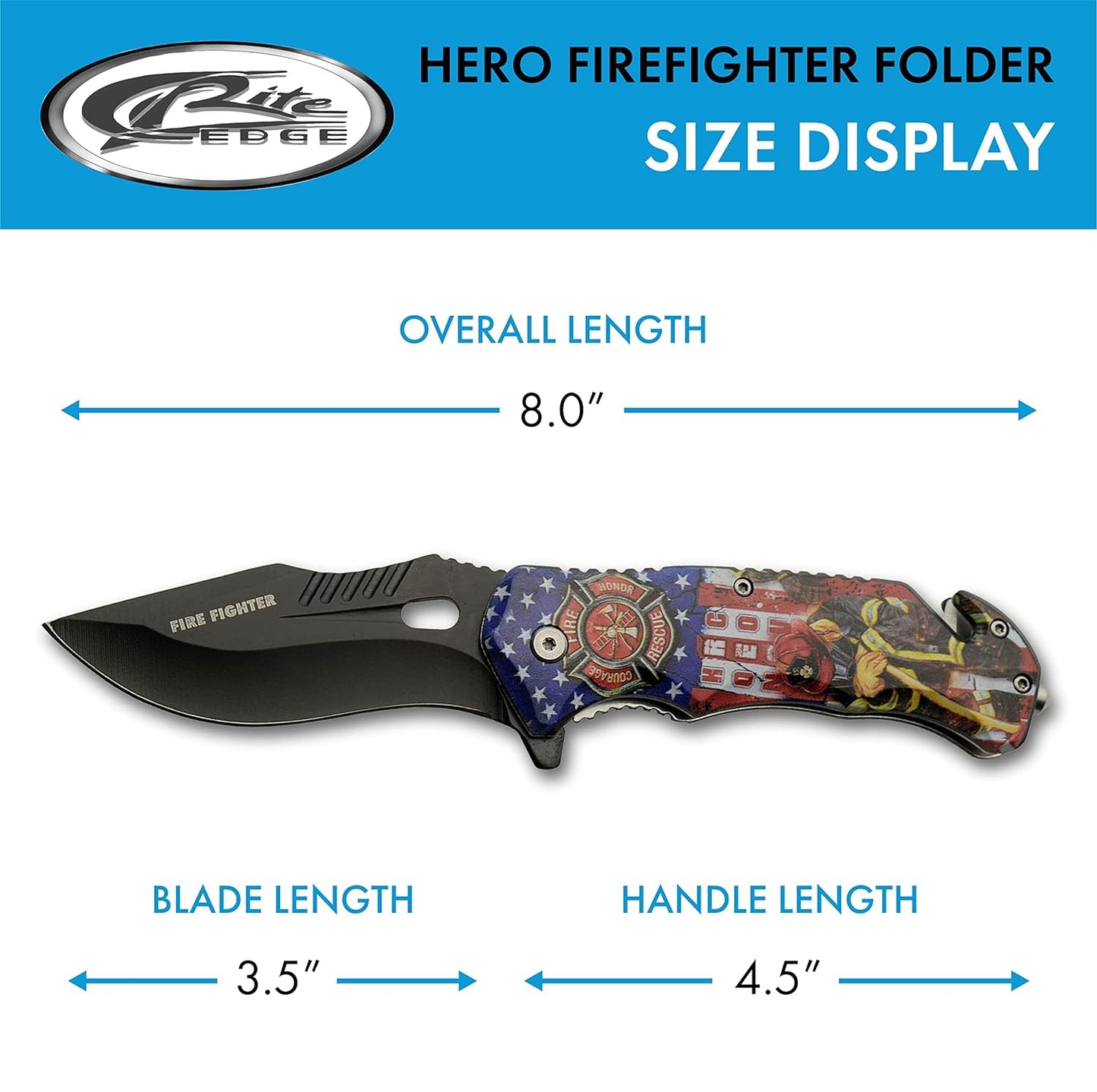 : 8”Firefighter Decal Liner Lock Assisted Open Tactical Rescue Professional Folding Knife, Red (300557-FF)