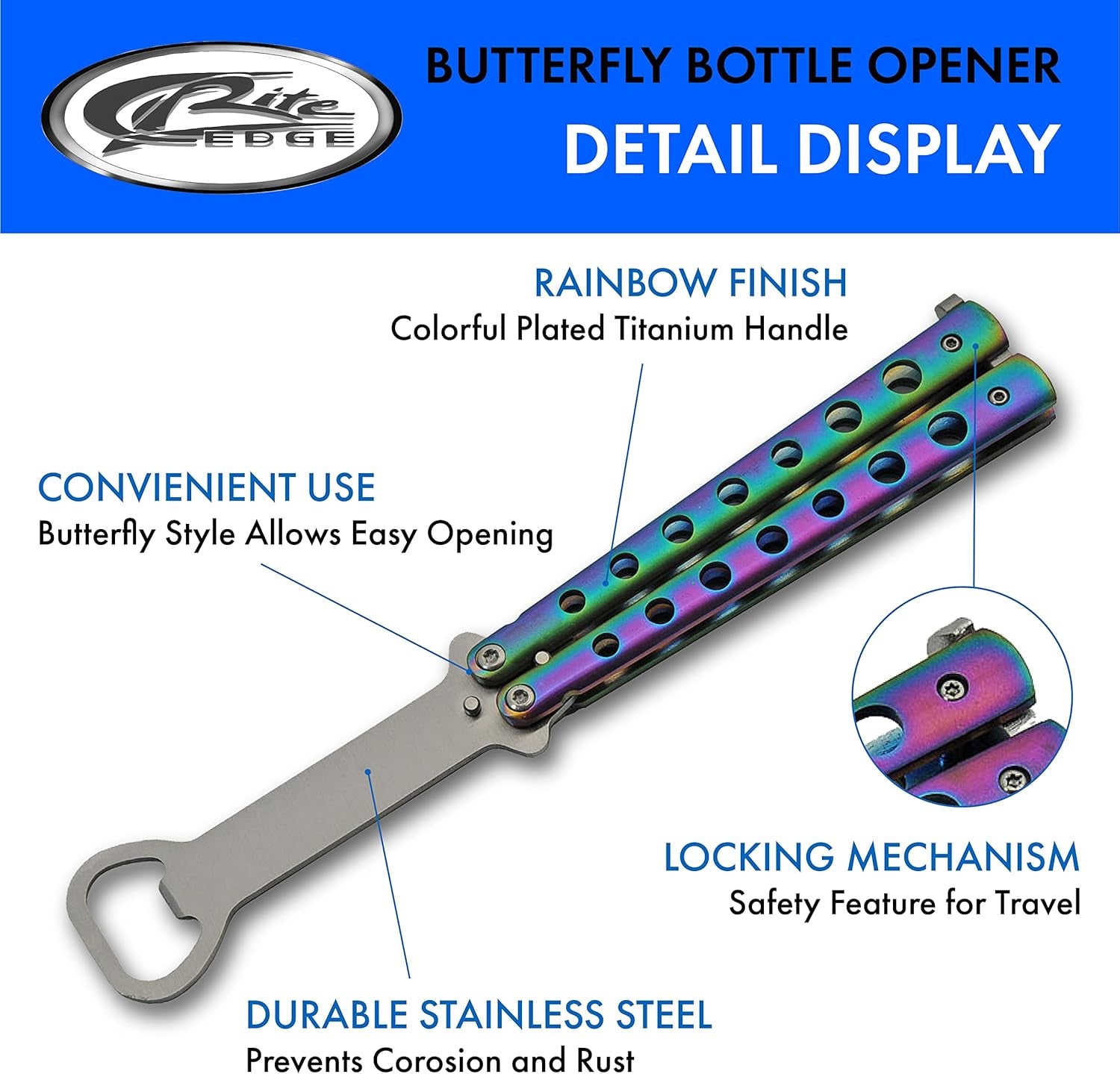 9” Rainbow Finished Butterfly-Open Styled Travel/Camping Bottle Opener (211522-RB)