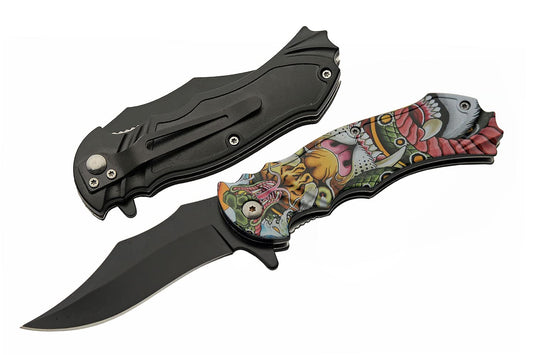 8” Tiger & Snake Assisted Open EDC Folding Knife with Pocket Clip