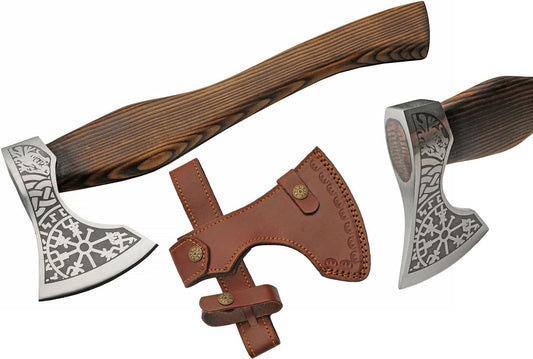 SZCO 18" Burnt Ash Wood Handle Nordic Fenrir Viking Axe with Leather Sheath, Brown (882458)