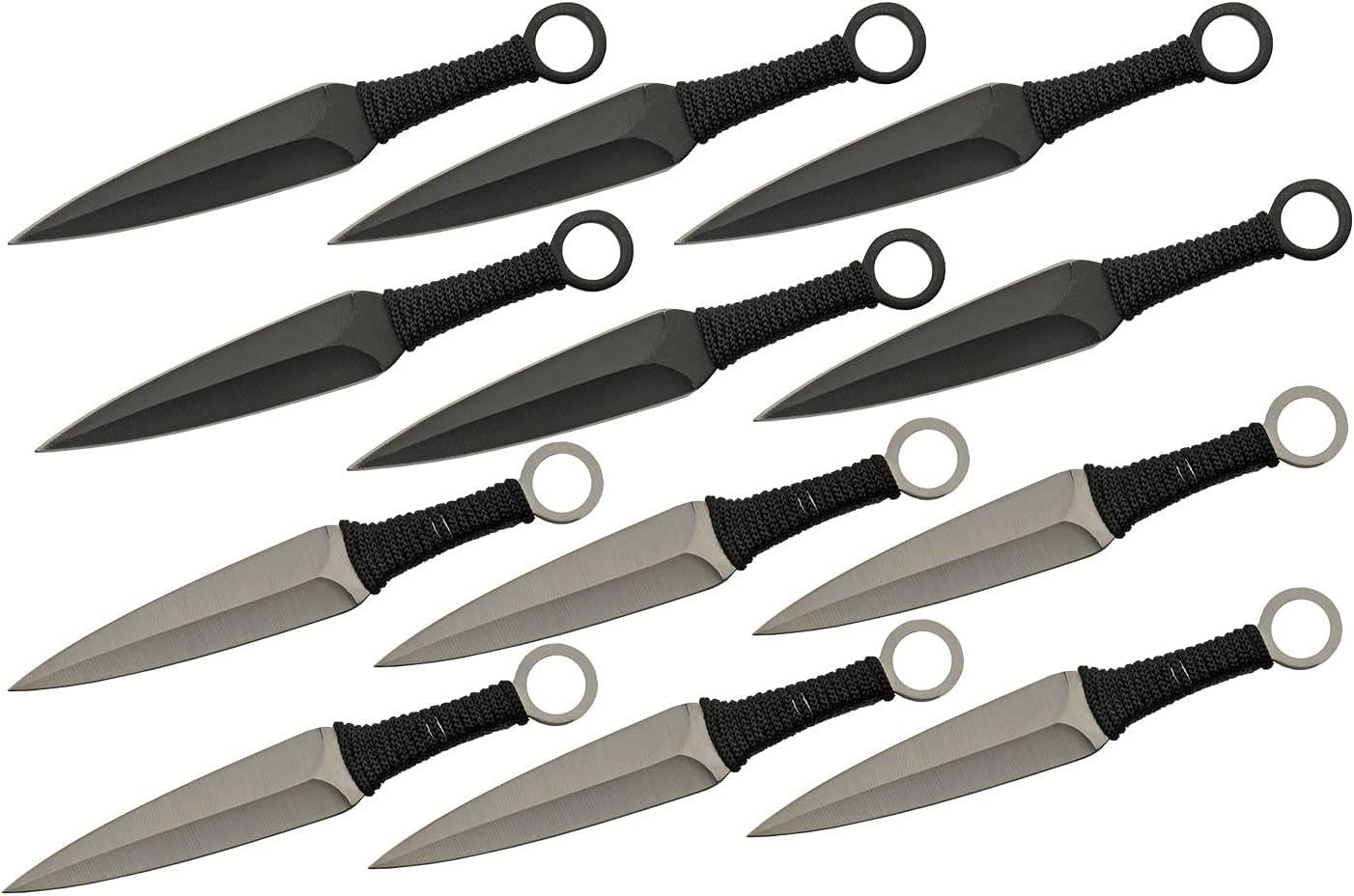 12 Piece 6” Black and Silver Throwing Kunai Set with Nylon Wrapped Handle and Case (211540)