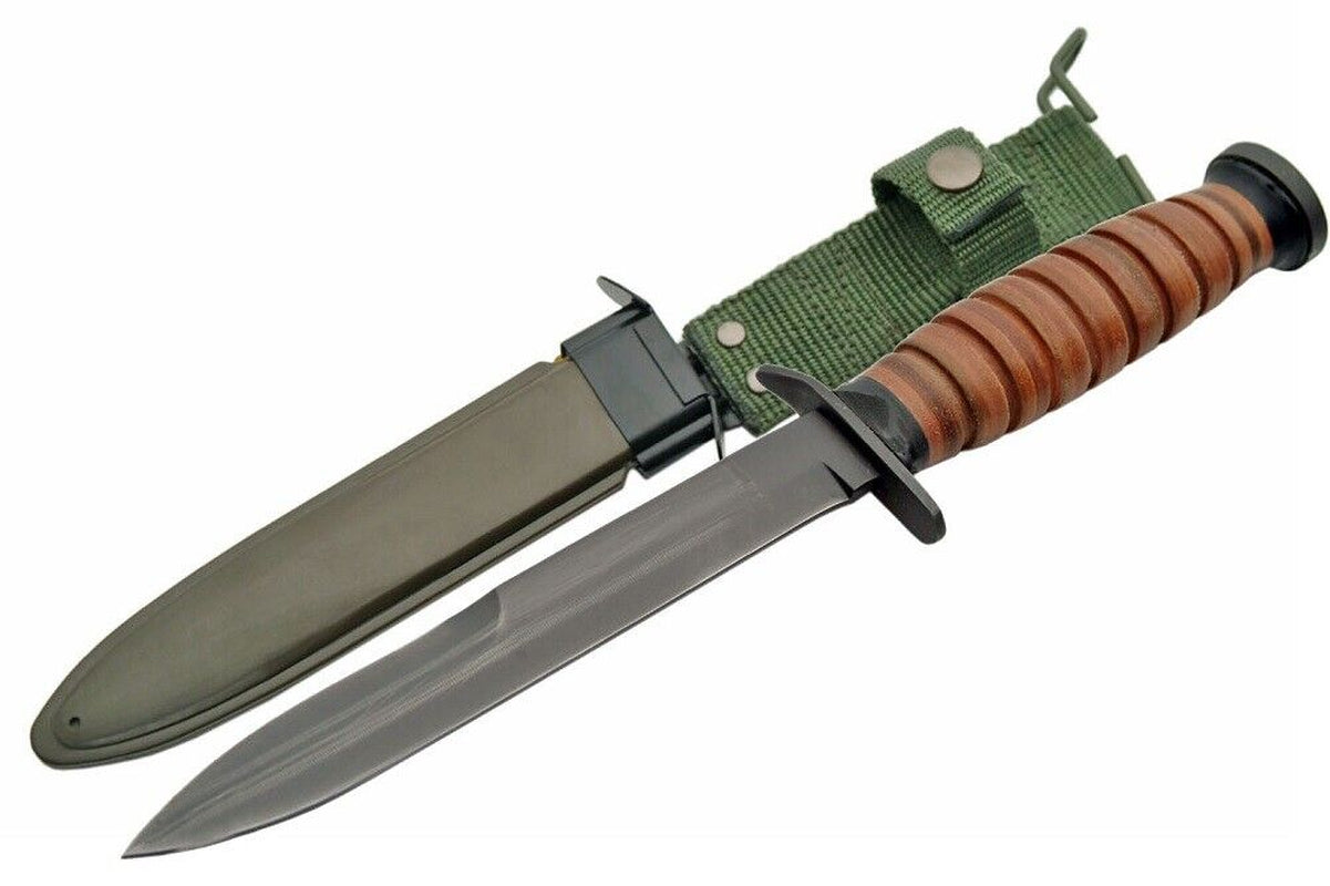 Authentic WWII Trench Fighting KA Knife Replica with Sheath & Belt Bar - Leather Handle